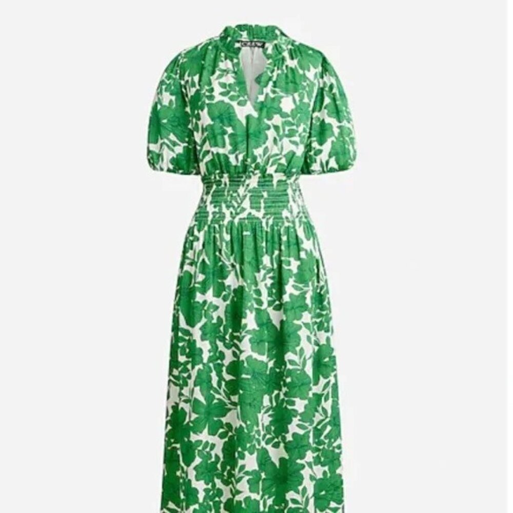 J Crew Smocked-Waist Short-Sleeve Maxi Dress in Greenhouse Floral Size Small